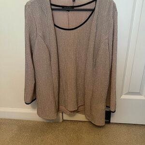 Two piece sweater set; rose color w silver shimmer and black trim; 3/4 sleeves